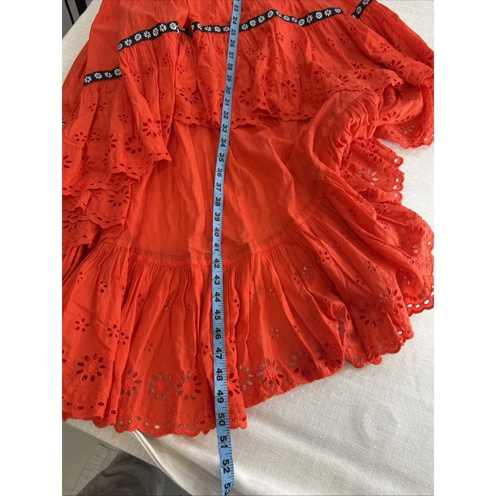 Free People‎ Midi Dress 0 Red Eyelet Bossa Nova Boho Hi-Low Embroidered Festival